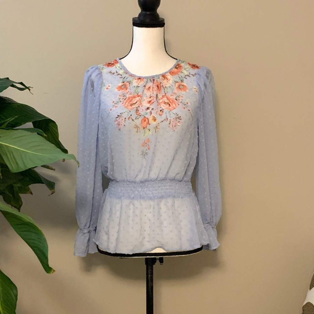D O N A T E D 
Meraki Light Blue Floral Embroidered Blouse sz s EUC B53